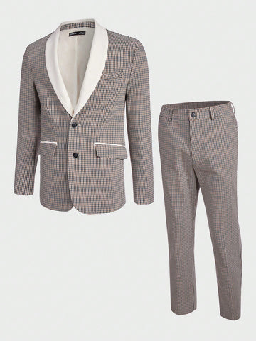 Men Houndstooth Print Shawl Collar Blazer & Pants Set