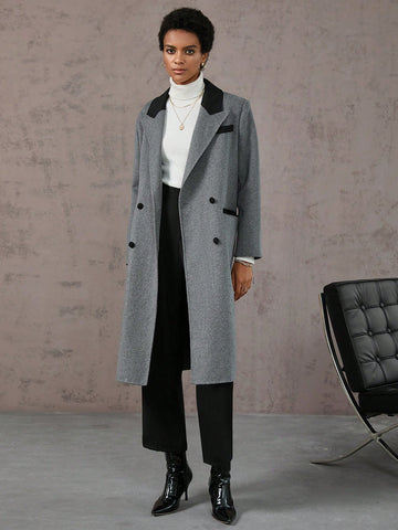 Contrast Collar Double Breasted Overcoat