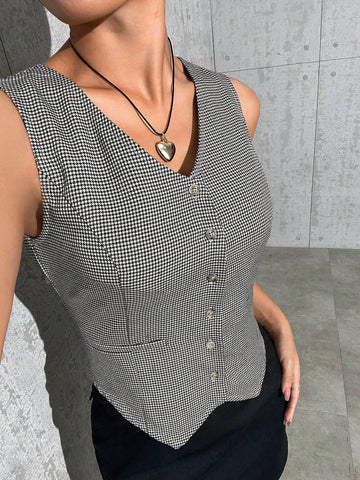 Houndstooth Print Button Front Waistcoat