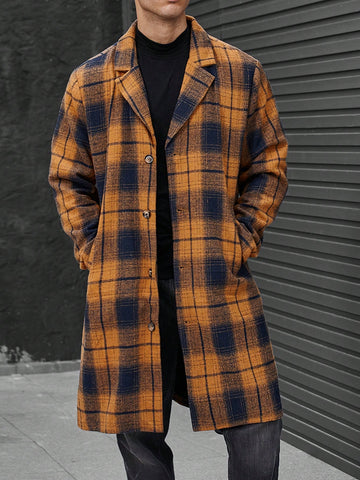 Loose-Fit Men's Plaid Overcoat With Lapel Collar And Slant Pockets