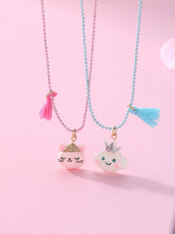 2pcs Girls' Cat & Cloud Design Resin Pink Blue Tassel Beaded Necklace Set, Suitable For Daily Wear
