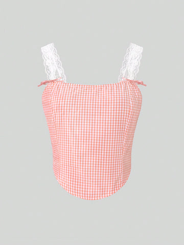 Gingham Print Lace Trim Wide Strap Top