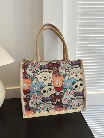 Linen Tote Bag, Canvas Handbag, Insulated Lunch Bag, Cute Cartoon Design, Large Capacity, For Students And Office Workers