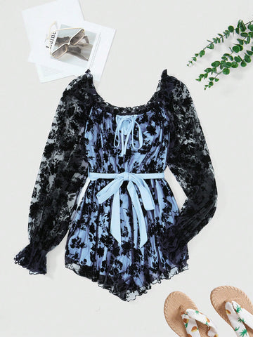 Floral Print Flare Sleeve Belted Lace Romper