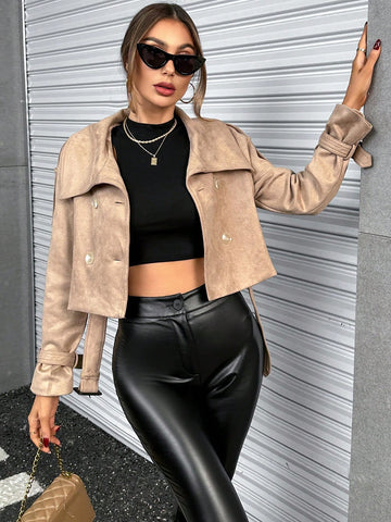 Double Breasted Belted Crop Suedette Jacket