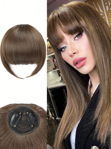 Bangs Hair Clip in Bangs High Temperature Synthetic Hair Thick Bangs Fringe with Temples for Women Natural Flat Neat Bangs Hair Clip Extension for Daily Wear(Light Brown)
