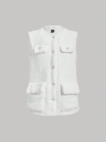 Flap Pocket Button Front Vest Fuzzy Coat