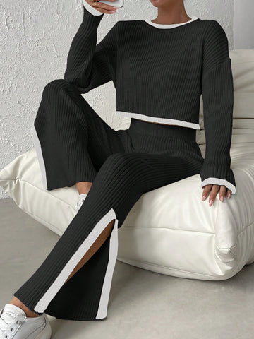 Contrast Trim Drop Shoulder Sweater & Split Hem Knit Pants