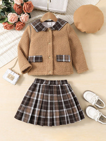 Young Girl Plaid Print Contrast Collar Jacket & Pleated Skirt & Hat
