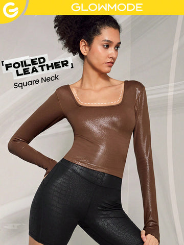 Foiled Leather Effect Slimfit Square Neck Long sleeve Shirt Active Top With Thumbhole