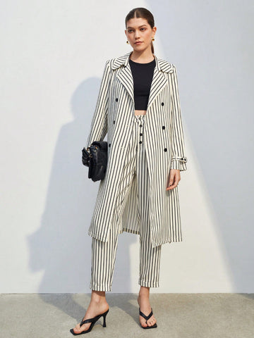 Striped Print Double Breasted Belted Trench Coat