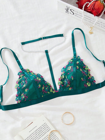 Floral Embroidery Mesh Bralette With Choker