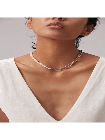 1pc Fashion Retro Choker Neckalce Vintage Chunky Paper Clip Link Chain Baroque Imitation Pearls Charm Necklace for Women