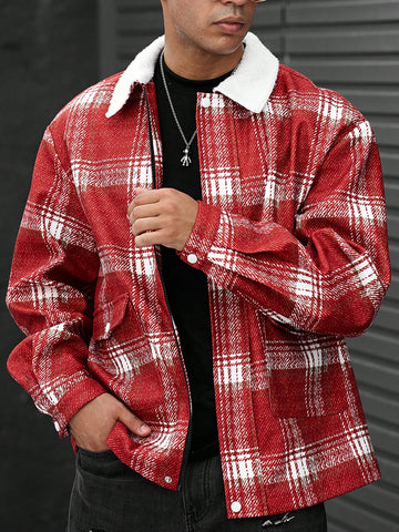 Loose Fit Men's Plaid Pattern Overcoat With Borg Collar And Flap Pockets
