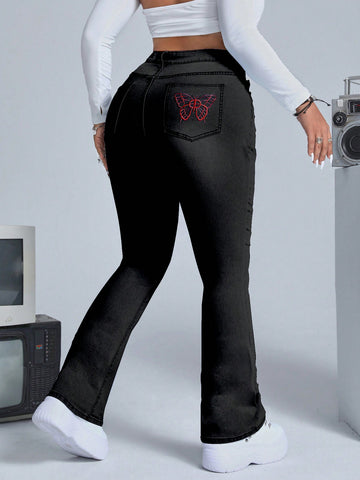 Plus High Waist Butterfly Embroidery Flare Leg Jeans