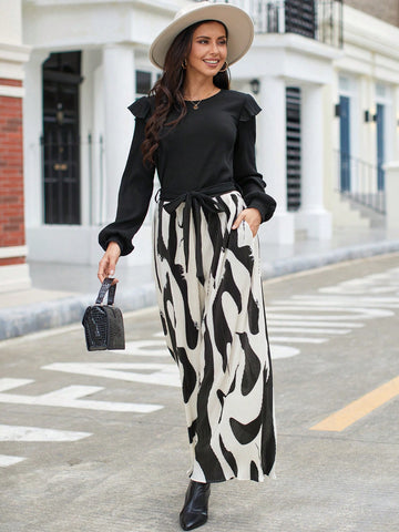 Ruffle Trim Top & Graphic Print Belted Pants