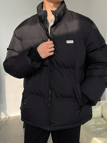 Men Letter Patched Zip Up Puffer Coat