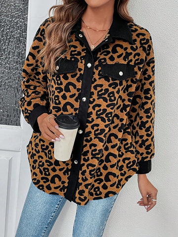 Leopard Print Drop Shoulder Flap Detail Coat