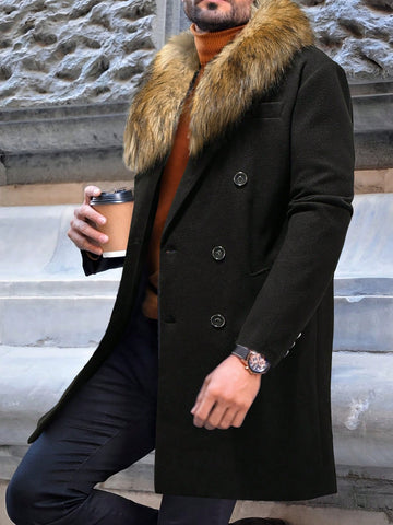 Men Fuzzy Collar Double Breasted Overcoat