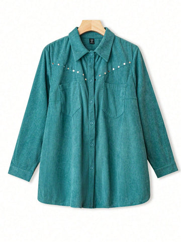 Plus Studded Pocket Patched Corduroy Shirt