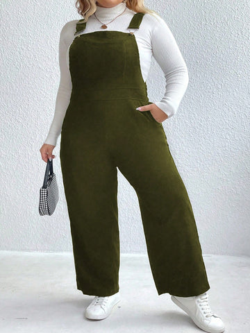 Plus Solid Slant Pocket Overall Jumpsuit Without Tee