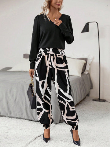 Solid V Neck Blouse & Graphic Print Pants