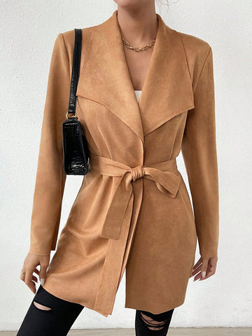 Waterfall Collar Belted Suedette Coat