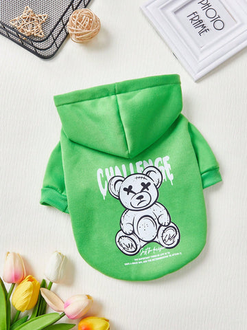 1pc Cute Bear Print Hooded Sweatshirt In Street Style With Grass Green Color & Pet Pattern