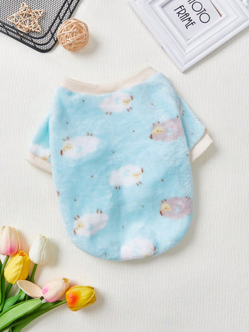 1pc Soft Flannel Blue Sheep Patterned Pet Print Hoodless Sweater