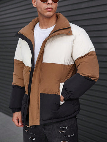 Oversized Men's Color Block Zip Up Puffer Coat