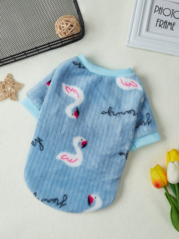 1pc Swan Printed Blue Flannel Pet Sweatshirt Without Hood For Keeping Warm