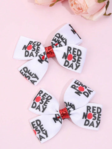 2pcs/pack Red-nosed Letter & Bowknot Hair Clips For Children