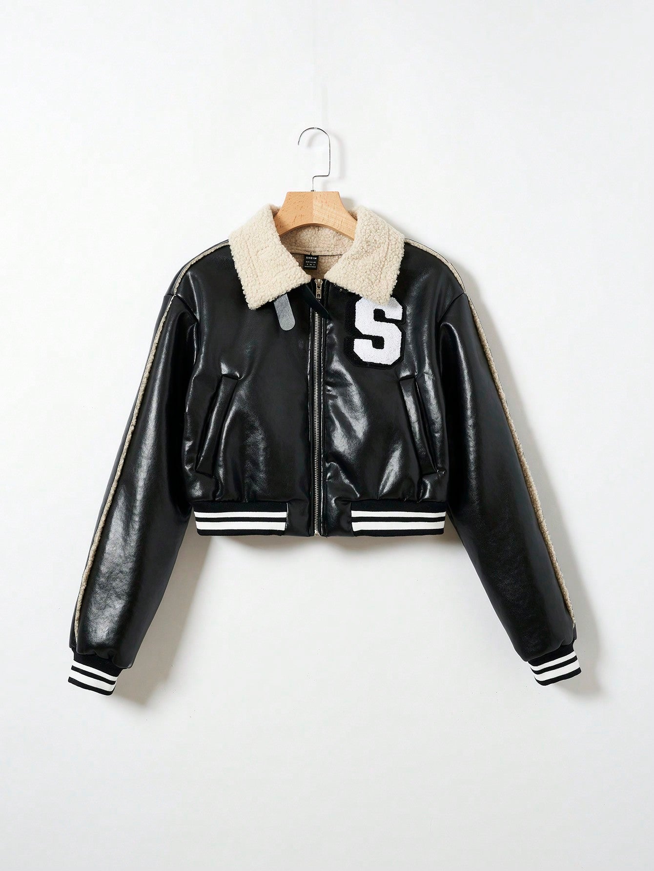Letter Patched Striped Trim Borg Collar PU Leather Jacket