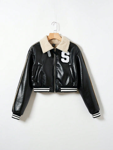 Letter Patched Striped Trim Borg Collar PU Leather Jacket
