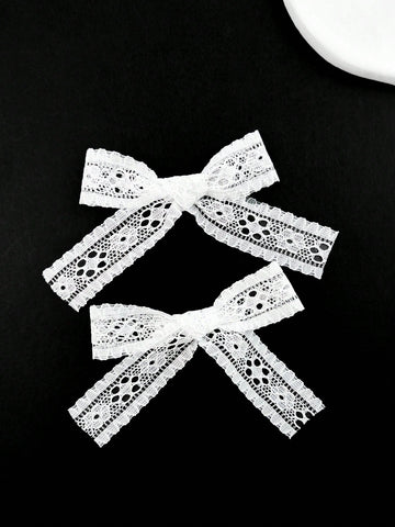 2pcs Ladies' Elegant Bowknot Lace & Alligator Hair Clip In White, Suitable For Any Occasion