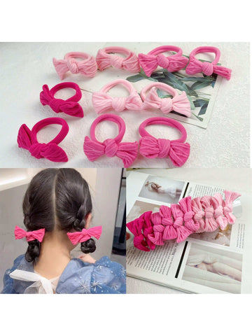 10pcs Pink Tone Towel Ring Bowknot Hair Ties