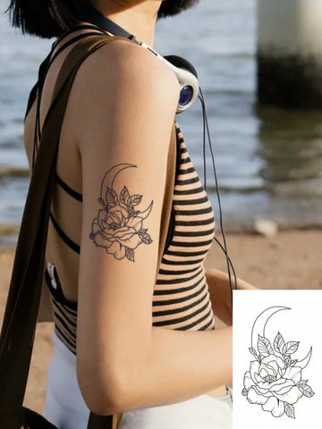 1pc Waterproof Non-reflective Tattoo Sticker Made Of Pvc, Realistic Moon & Flower Pattern Suitable For Daily Application On Male & Female's Back, Wrist