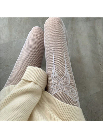 1pc White/single Leg Butterfly Pattern Fishnet Stockings For Women, Summer, Thin And No Velvet On The Inside, Suitable For Nightclubs, Ktv, Singing And Dancing
