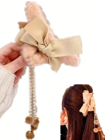 1pc Women's Autumn And Winter Bow Tassel Pendant Hair Ball Hair Clip Plush Grip Clip For Daily Hair Grasping On The Back Of The Head