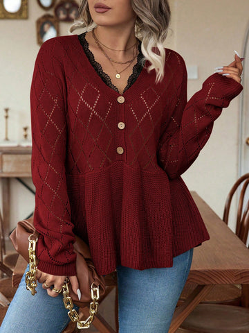 Plus Contrast Lace Button Front Peplum Pointelle Knit Peplum Sweater