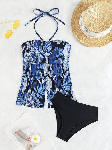Tropical Print Halter Bikini Swimsuit