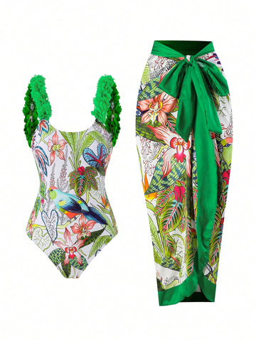 New Arrival Bright Floral Print High-end Beach Dress & One-piece Swimsuit Matching Set
