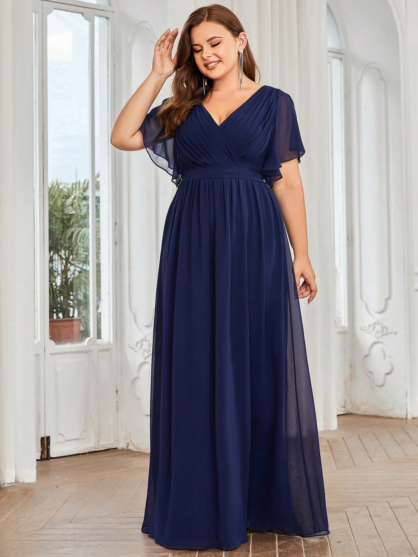 Plus Split Sleeve Ruched Belted Chiffon Bridesmaid Dress