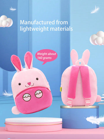 1pc Girls' Lovely Pink Rabbit Shaped Plush Backpack With Zipper Closure, Suitable For Daily Use