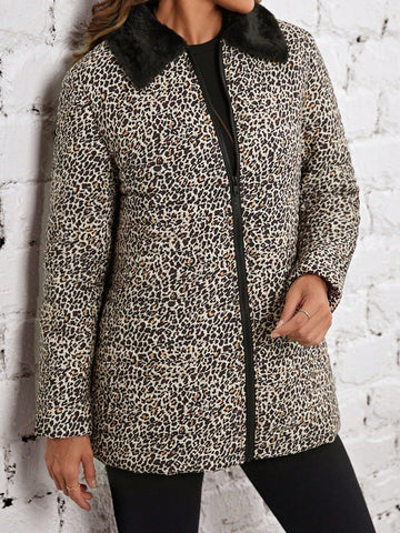 Leopard Print Borg Collar Winter Coat