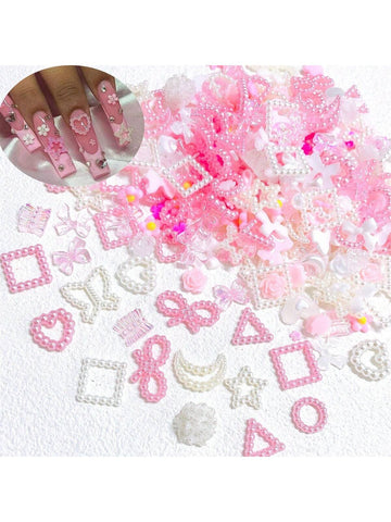 One Box 3D Kawaii Pink White Mixed Ranbom Resin Nail Art Charms Hollow Pearl Bow Flower Nail Rhinestones Decorations DIY Nail Accessories