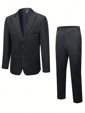 Men Pinstriped Print Single Breasted Blazer & Suit Pants