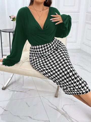 Plus Cowl Neck Flare Sleeve Top & Houndstooth Print Skirt