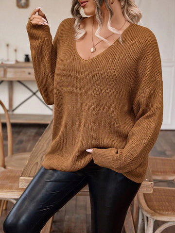 Plus Size Women's Solid Color Drop Shoulder Pullover Sweater