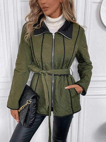 Contrast Binding Belted Quilted Coat